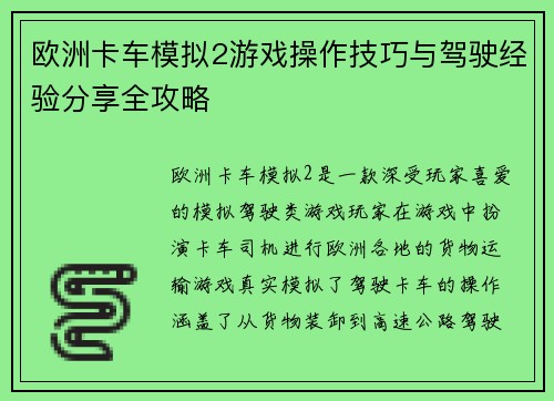 欧洲卡车模拟2游戏操作技巧与驾驶经验分享全攻略